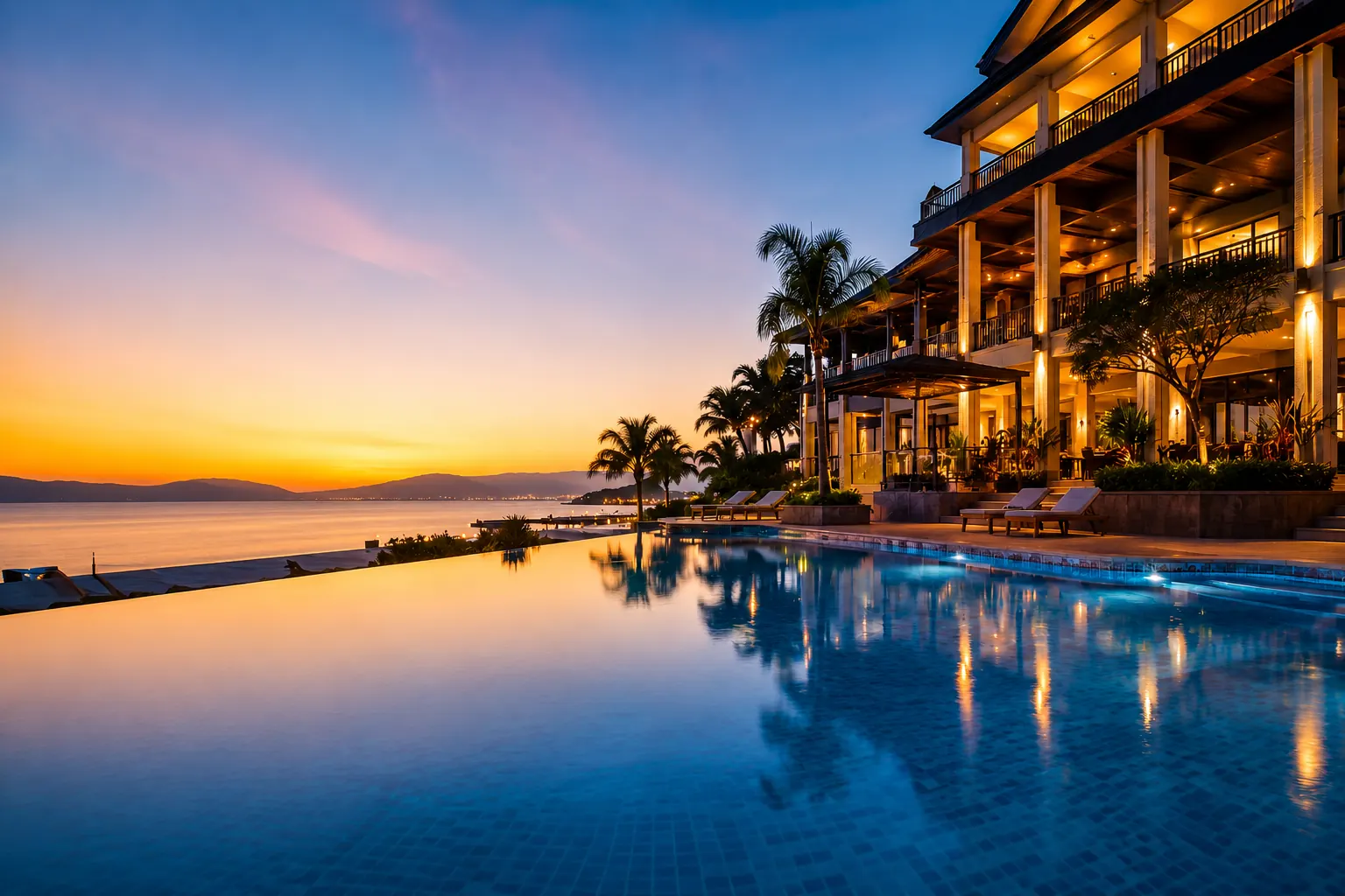 Sunset over a resort infinity pool overlooking the ocean